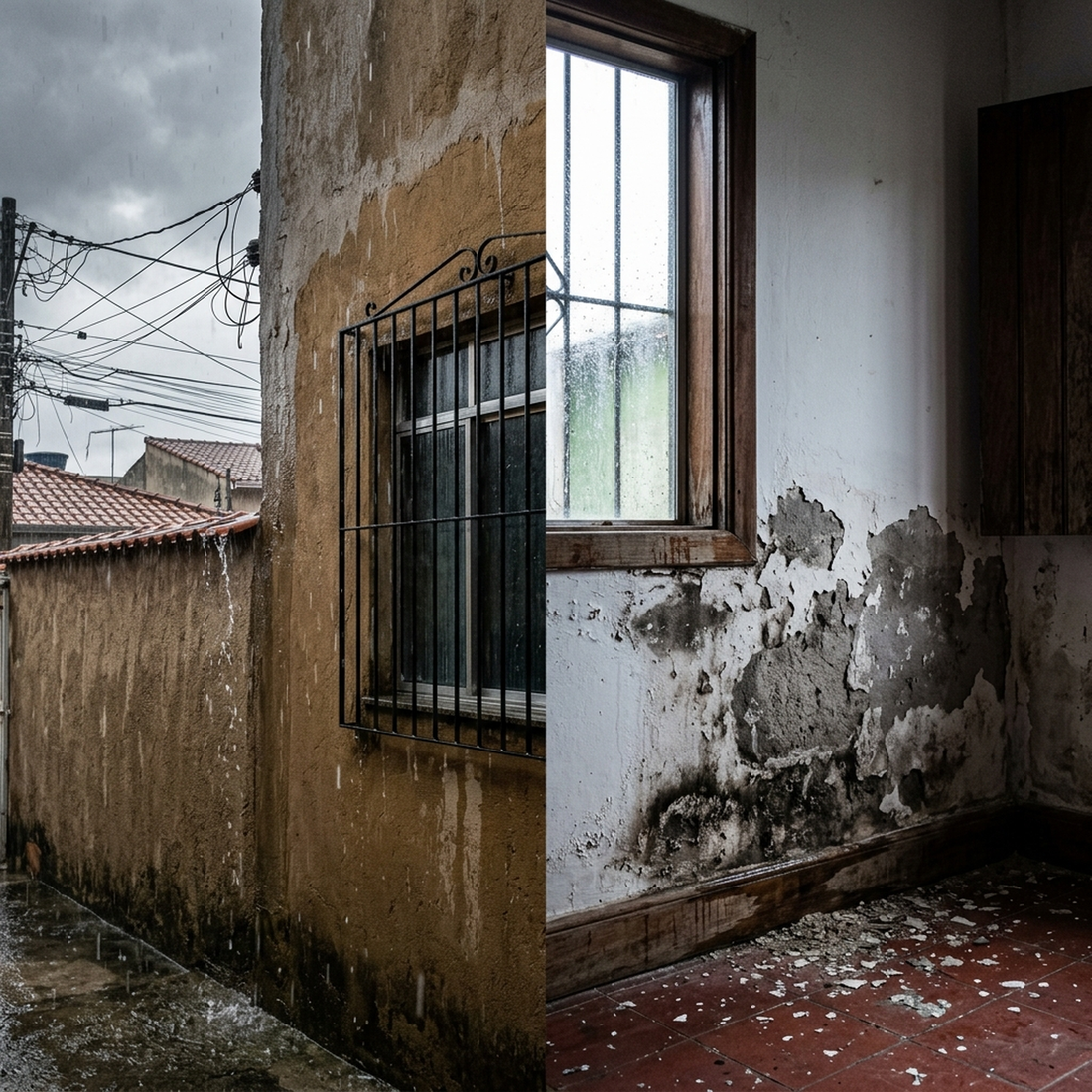 A mesma parede vista dos dois lados: por fora, chuva escorrendo pelo reboco; por dentro, mancha de umidade e pintura descolando junto ao rodapé