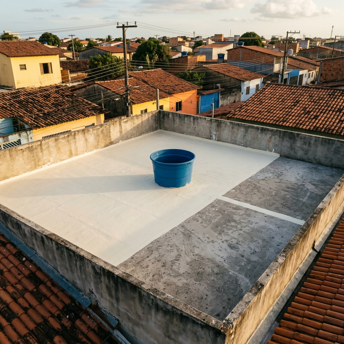 Laje ampla vista do alto, dois terços cobertos por membrana branca e um terço ainda em concreto cru, com uma trena estendida dando escala